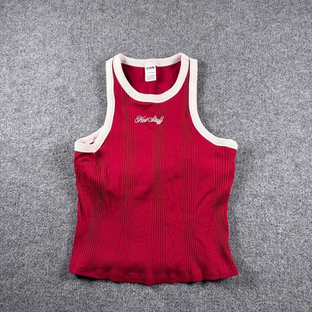 PINK‎ Victoria's Secret Tank Top Women Large Red Hot Stuff Ribbed Shelf Bra Top